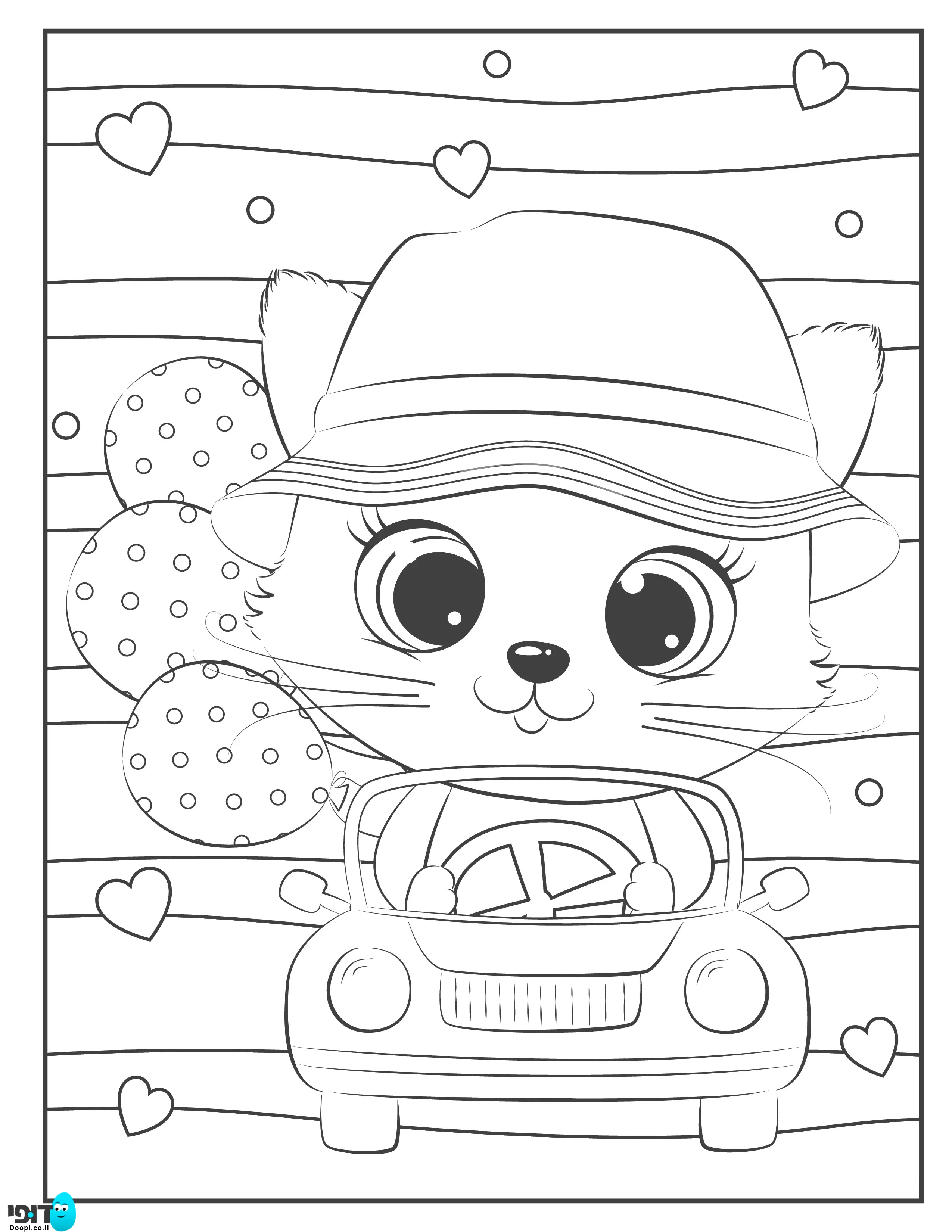 דף צביעה חתול חמוד ברכב