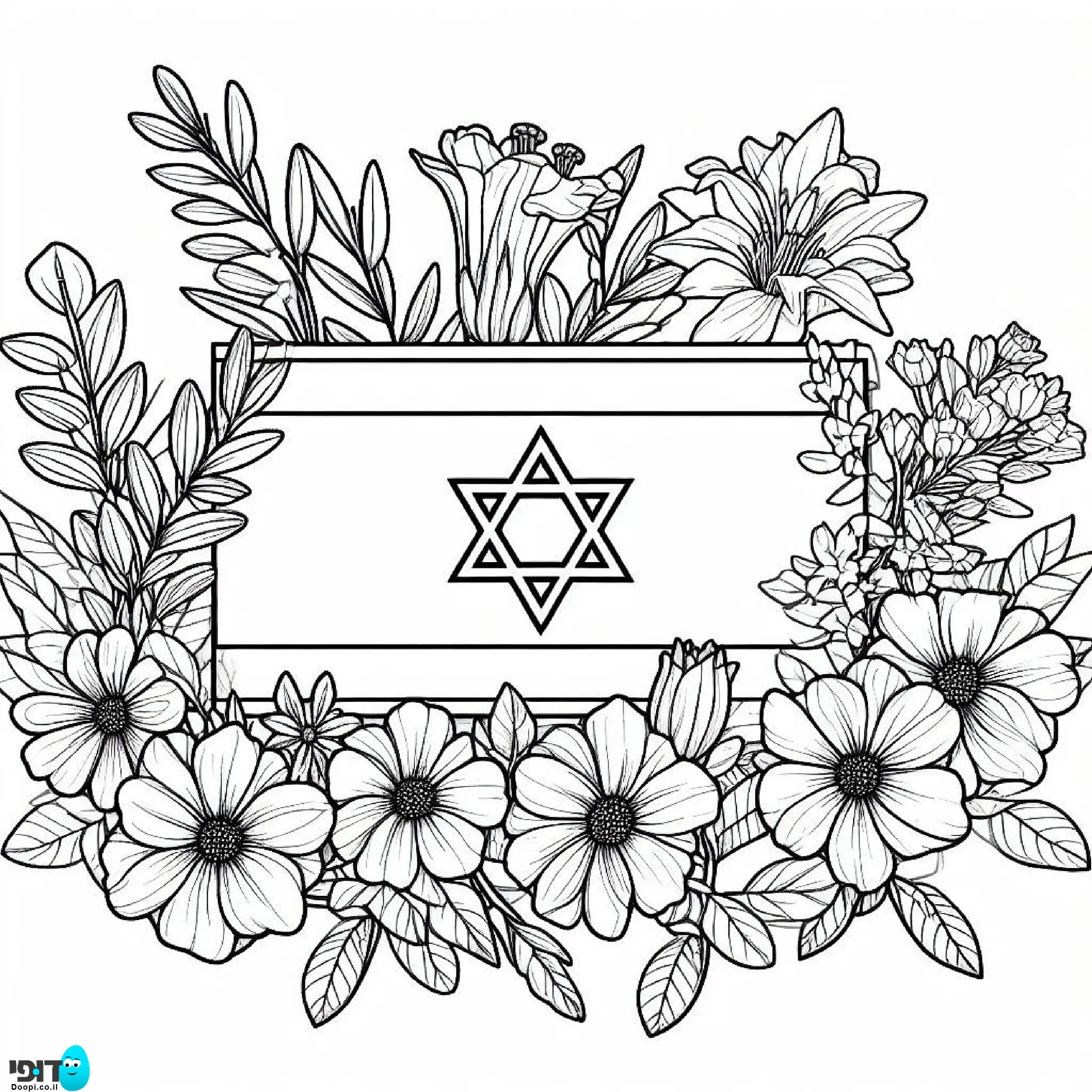 דף צביעה פרחים מסביב דגל ישראל