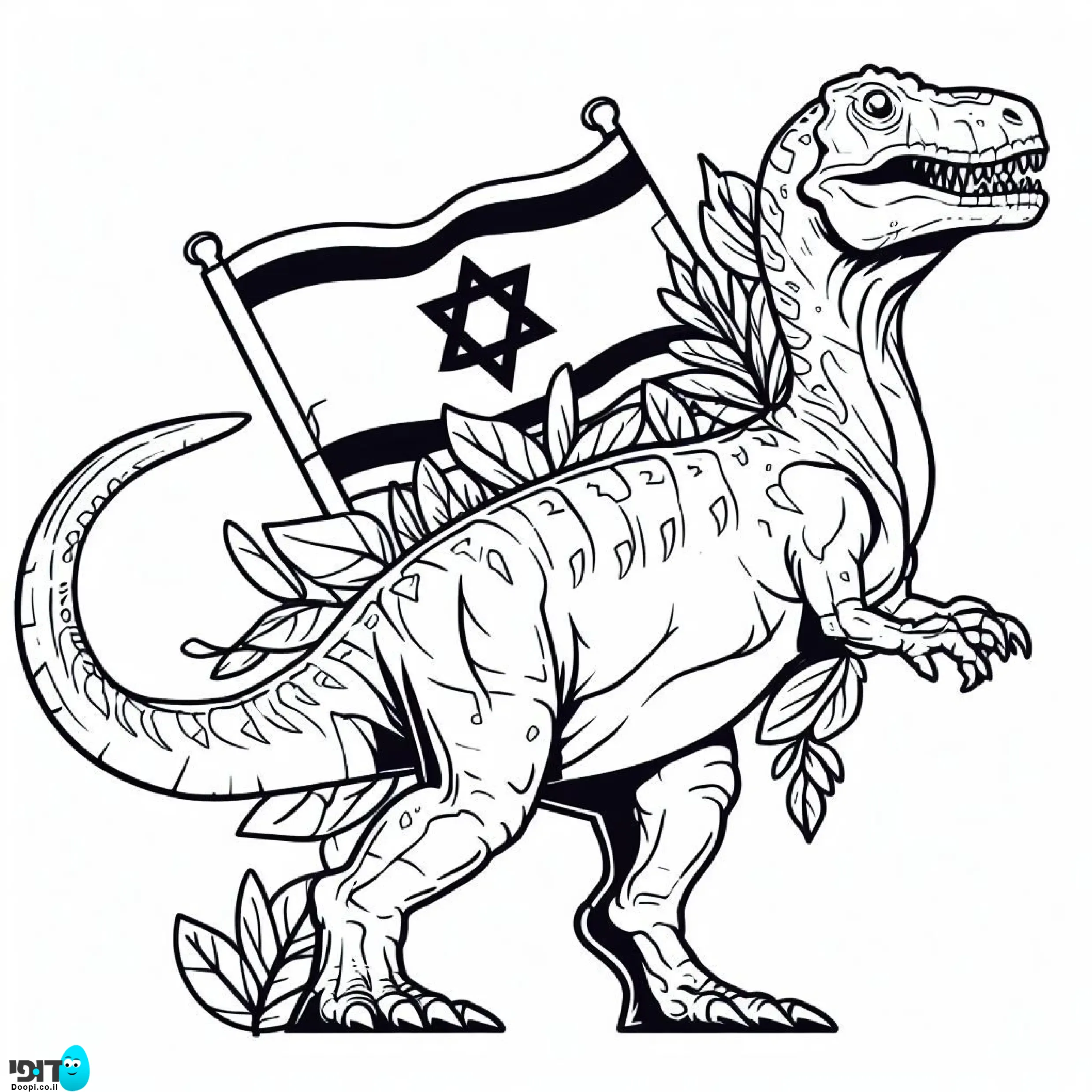 דף צביעה דינוזאור עם דגל ישראל