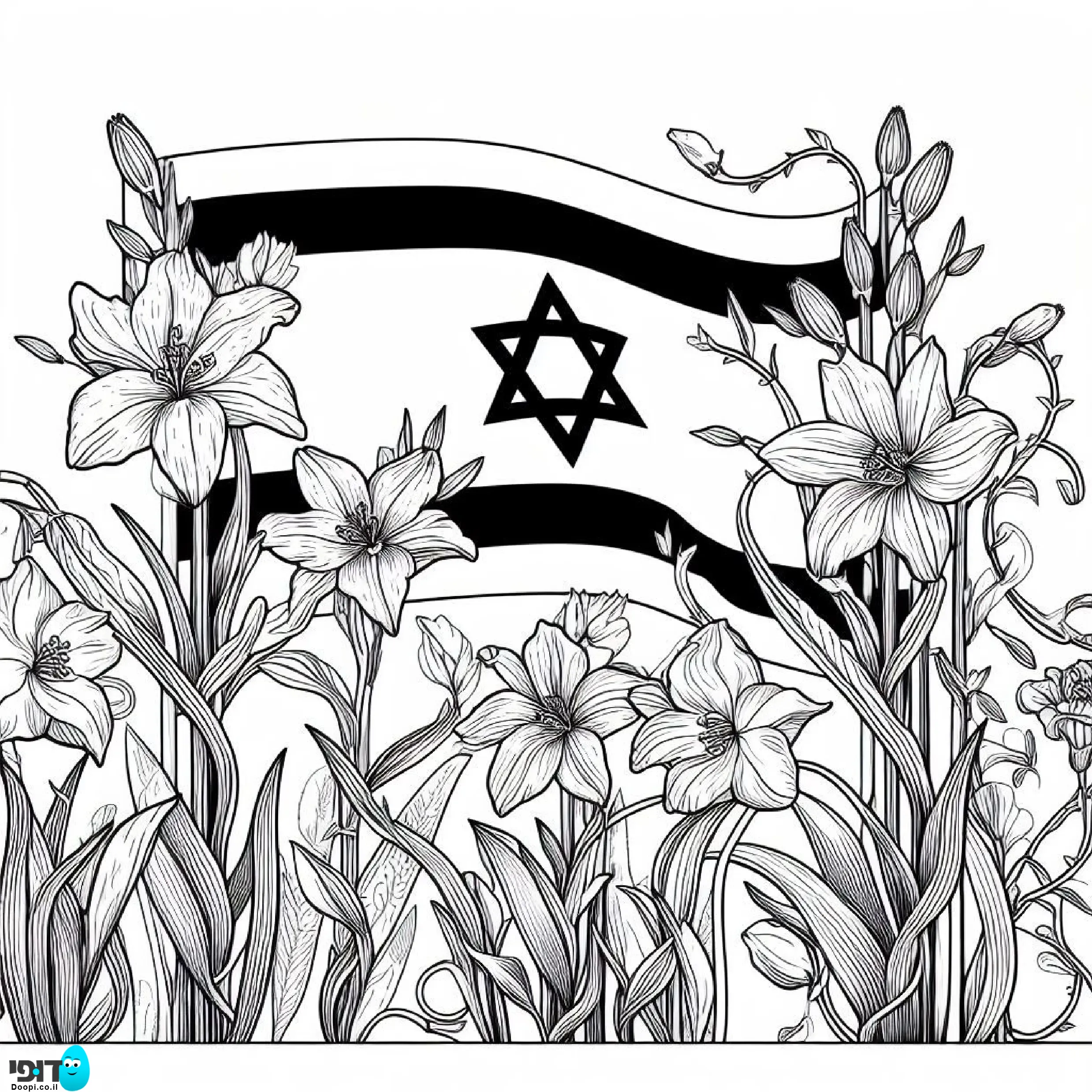 דף צביעה פרחים עם דגל ישראל