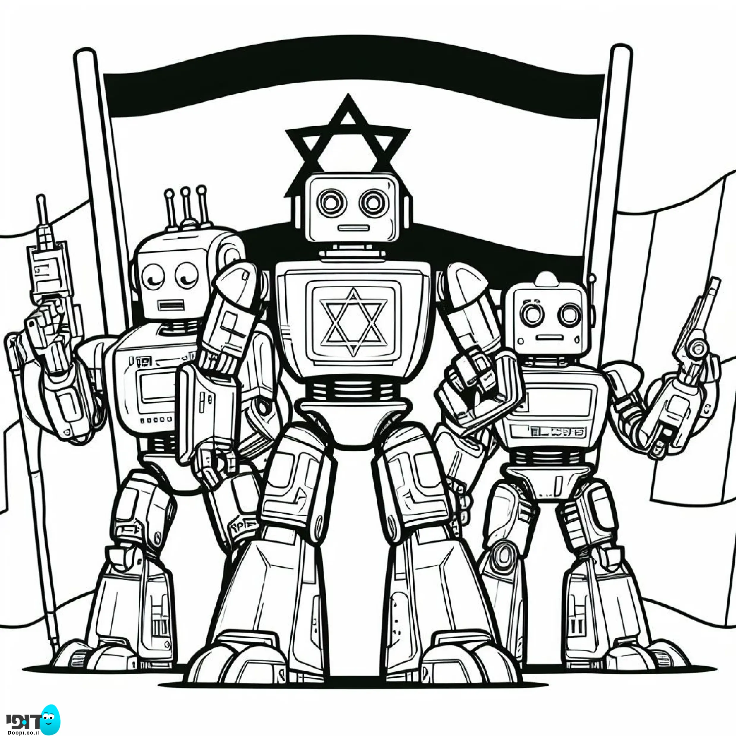 דף צביעה רובוטים עם דגל ישראל