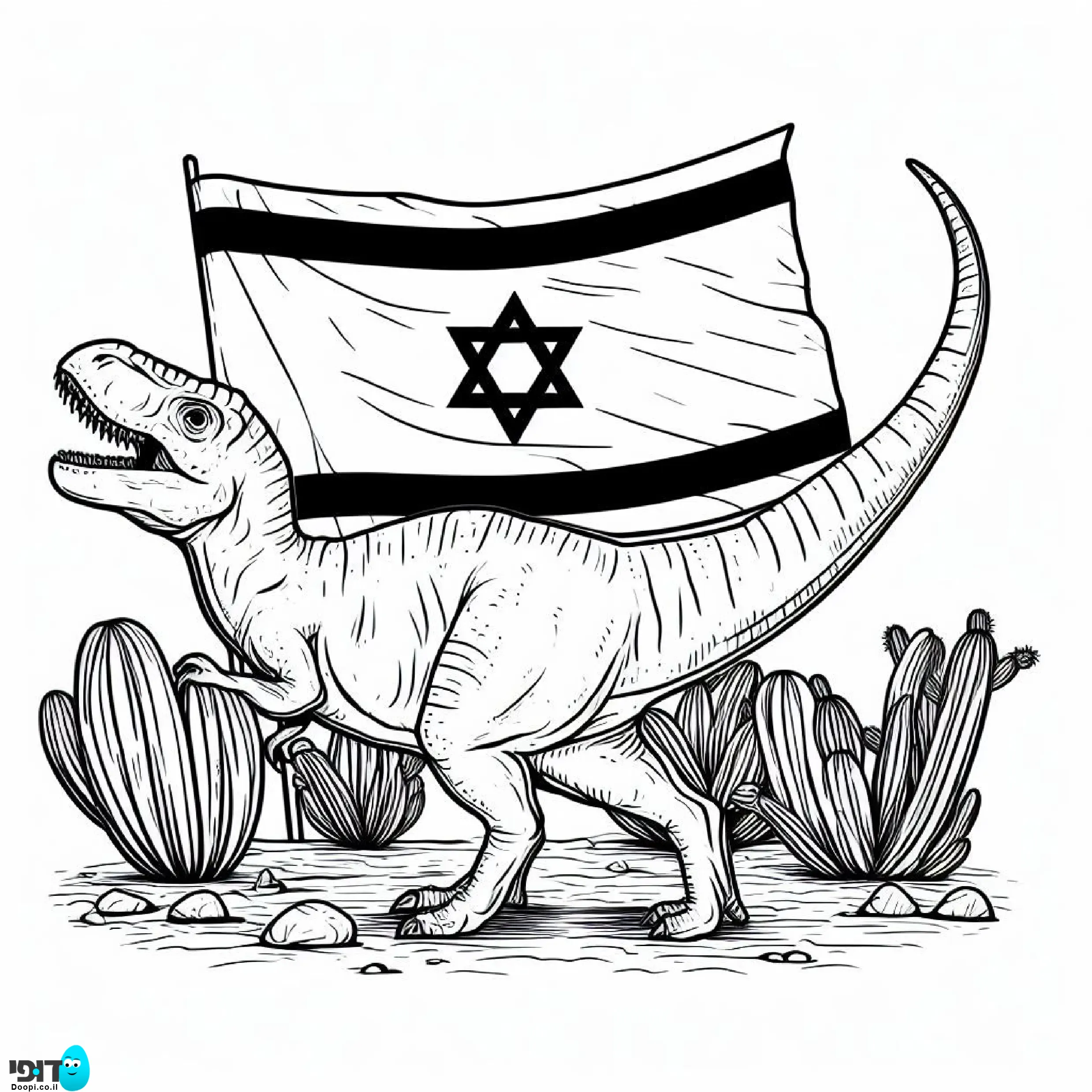 דף צביעה דינוזאור רקס עם דגל ישראל