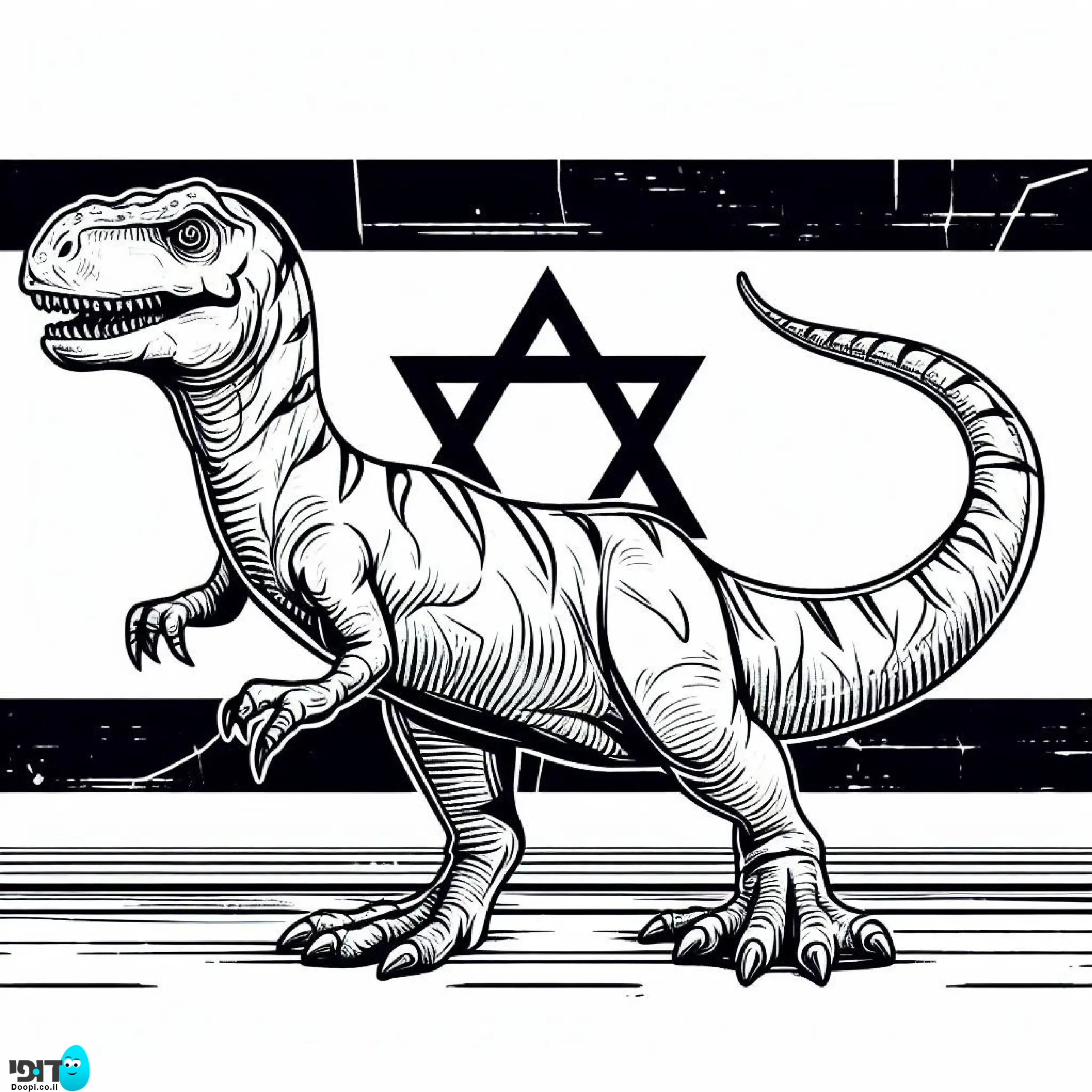 דף צביעה דינוזאור גדול עם דגל ישראל