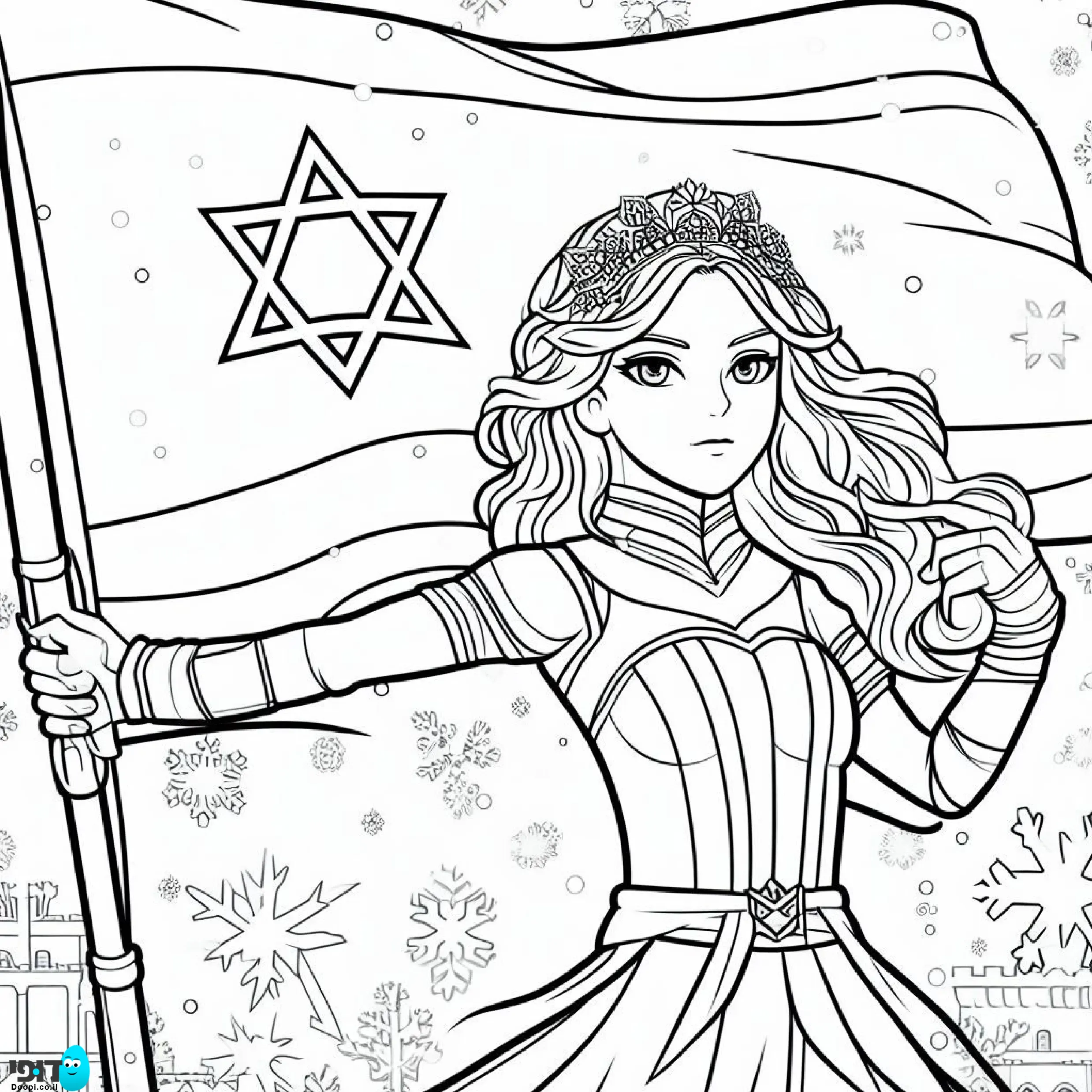 דף צביעה נסיכה לוחמת עם דגל ישראל
