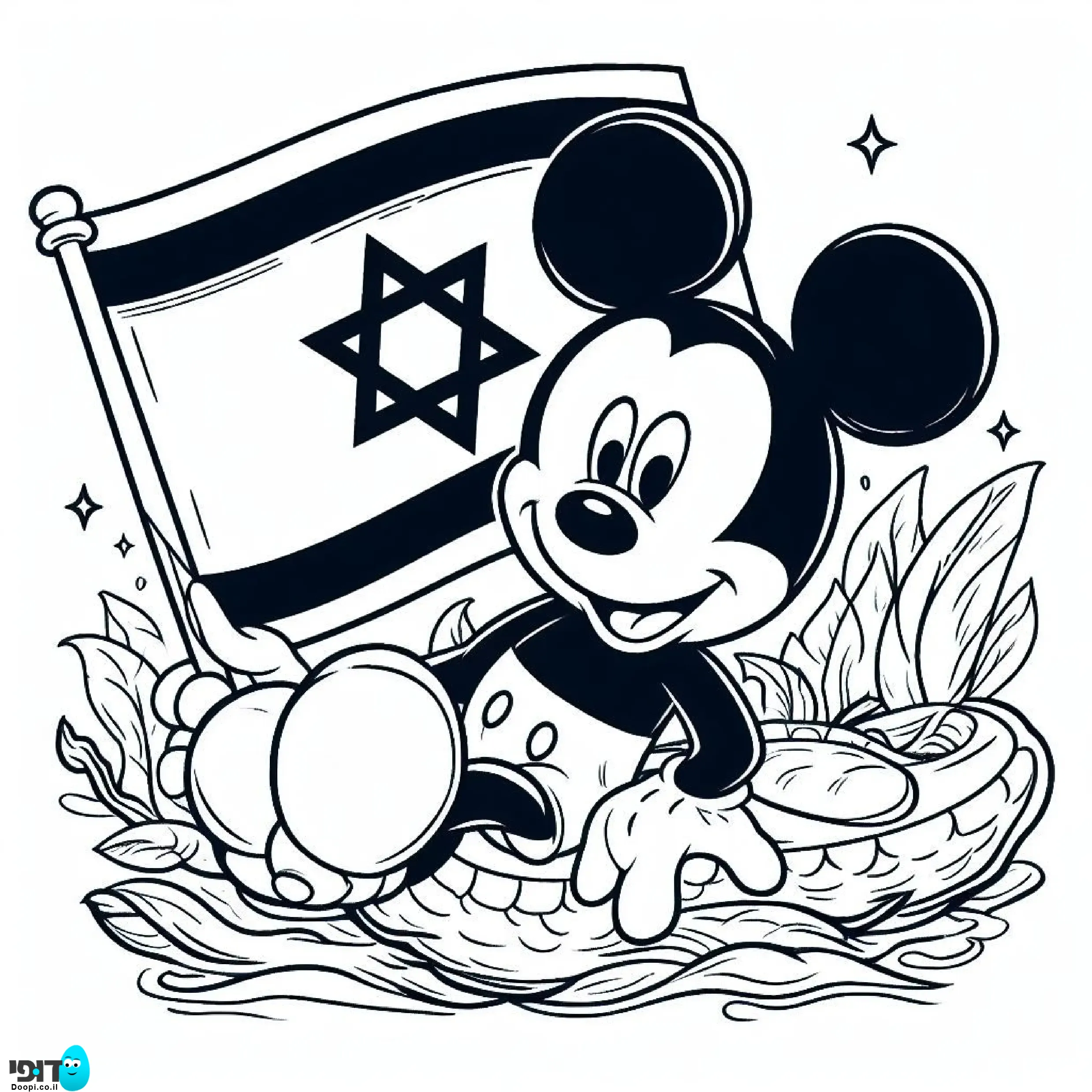 דף צביעה מיקימאוס עם דגל ישראל