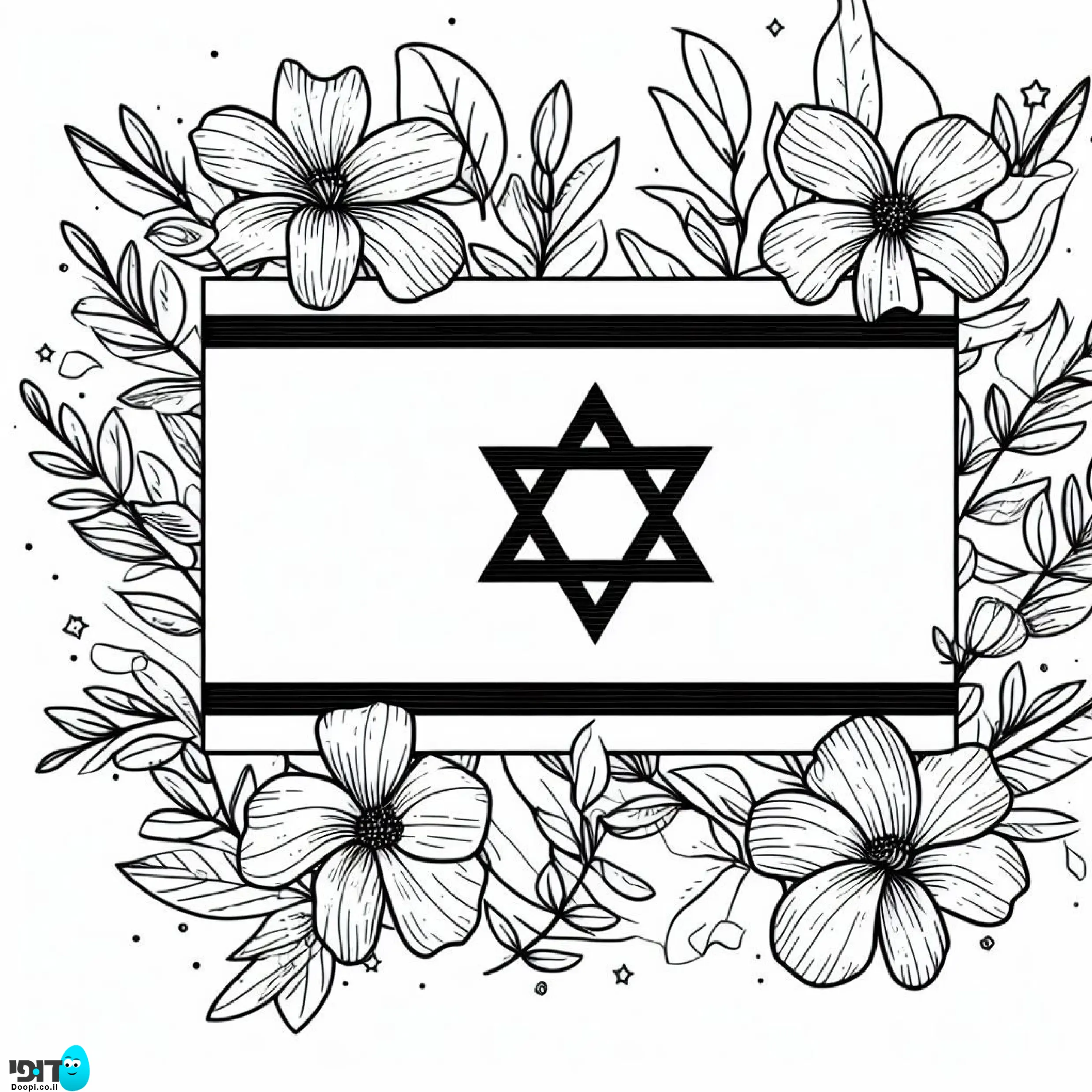 דף צביעה דגל ישראל עם פרחים