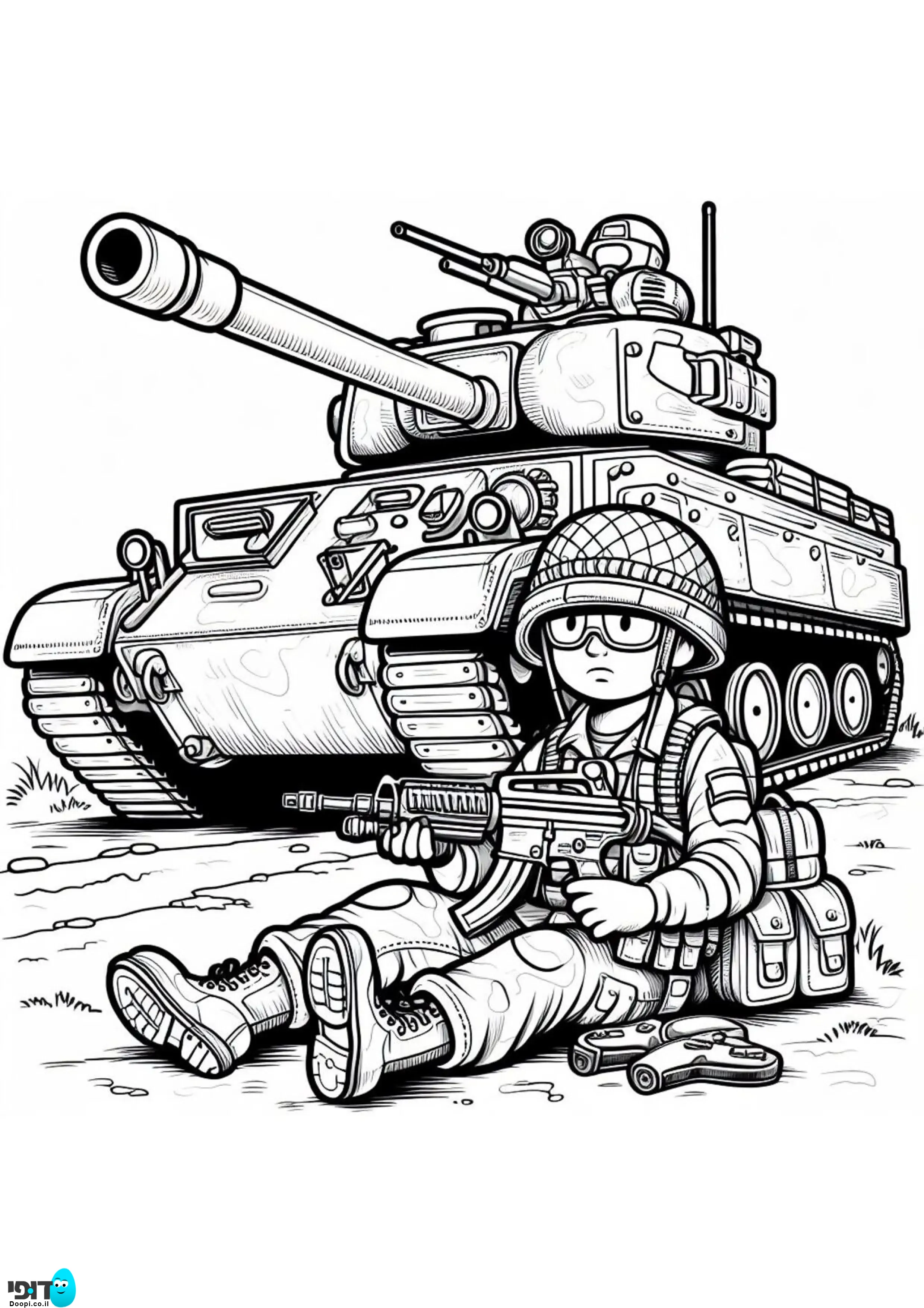 דף צביעה חייל עם טנק