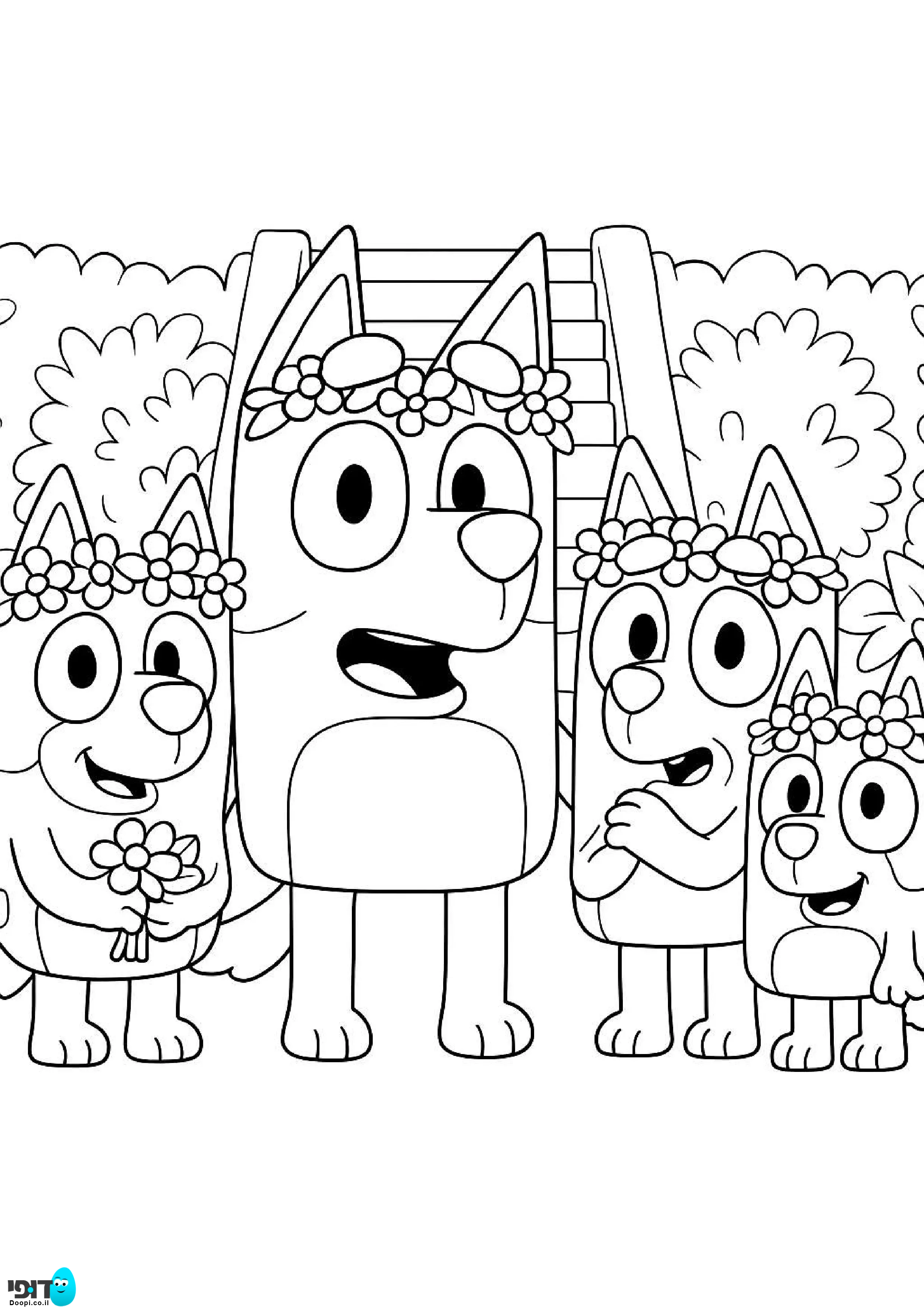 דף צביעה בלואי והמשפחה עם זר פרחים