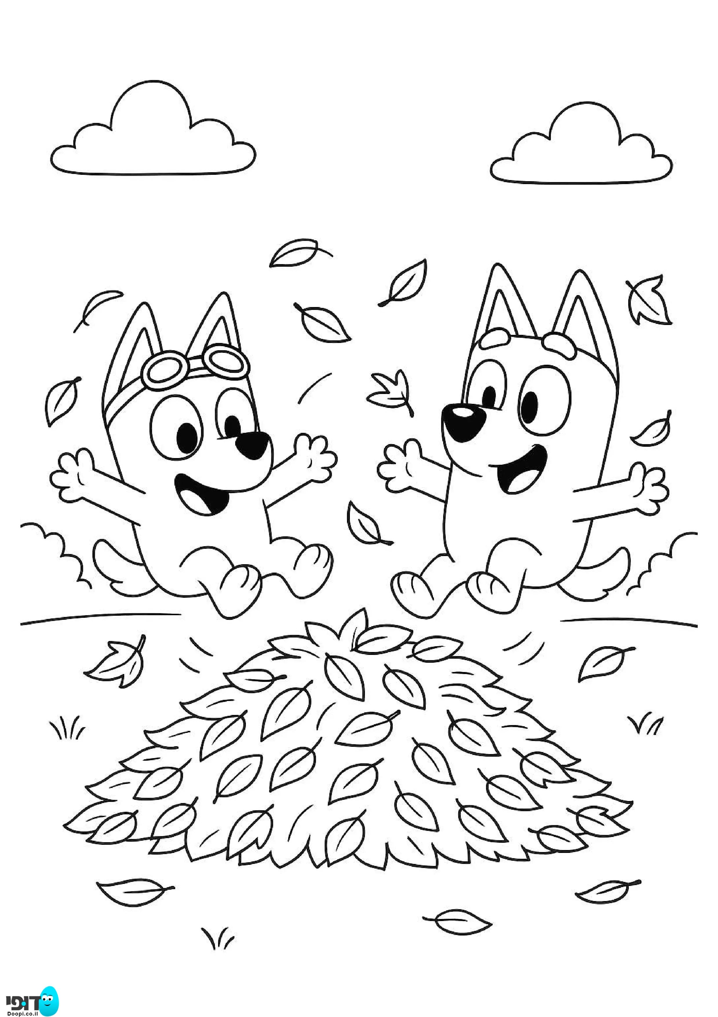 דף צביעה בלואי ובינגו קופצות על הר של עלים