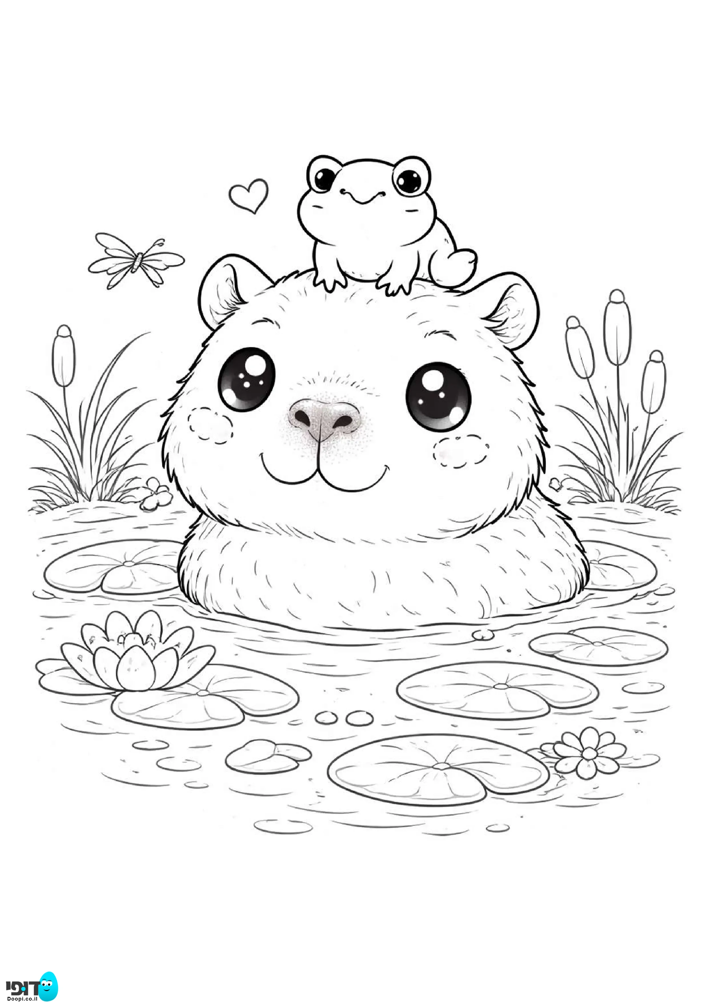 דף צביעה קפיברה חמוד באגם עם צפרדע על הראש